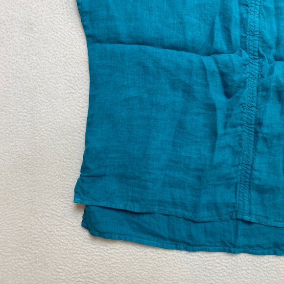 Tahari Top Womens M Teal Blue Short Sleeve Boxy Linen V Slit Neckline - Picture 5 of 11